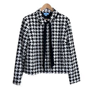 CECE Jacket Women's XL Black White Houndstooth Blazer Pussybow Neck Office